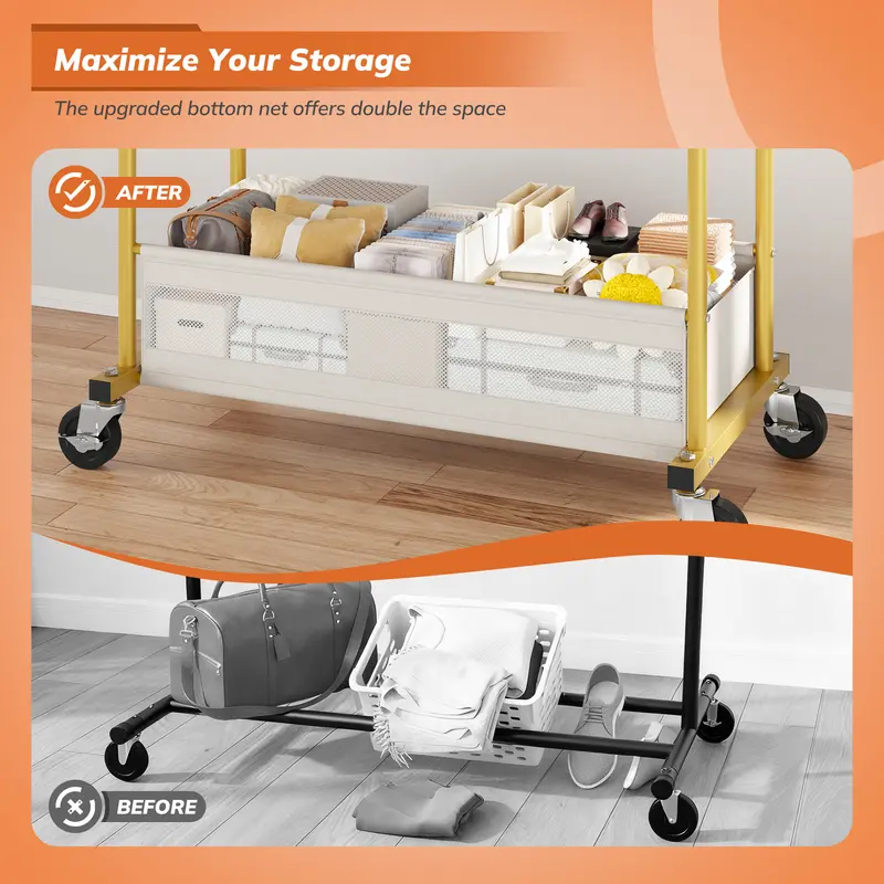 Raybee Heavy Duty Clothing Racks with Net Pocket Holds Up to 210lbs,Double Rod Metal Clothes Rack for Hanging, Rolling Garment Rack with Wheels Portable Closet Racks for Bedroom, Laundry Room,Dorm, Black, White, Gold Raybee Heavy Duty Clothing Racks with Net Pocket Holds Up to 210lbs,Double Rod Metal Clothes Rack for Hanging, Rolling Garment Rack with Wheels Portable Closet Racks for Bedroom, Laundry Room,Dorm, Black, White, Gold