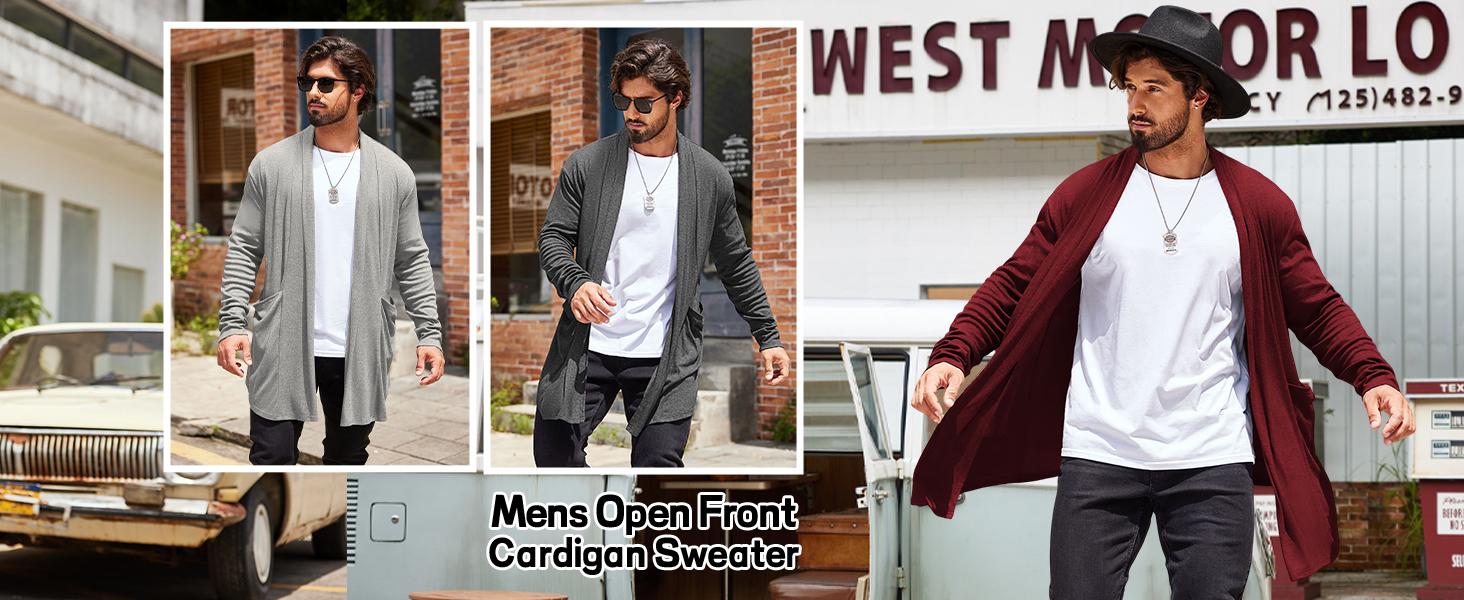 Coofandy Men's Black Ruffle Shawl Collar Cardigan Open Front Lightweight Long Length Drape Cape with Pockets Casual Fashionable Long Sleeve Tops