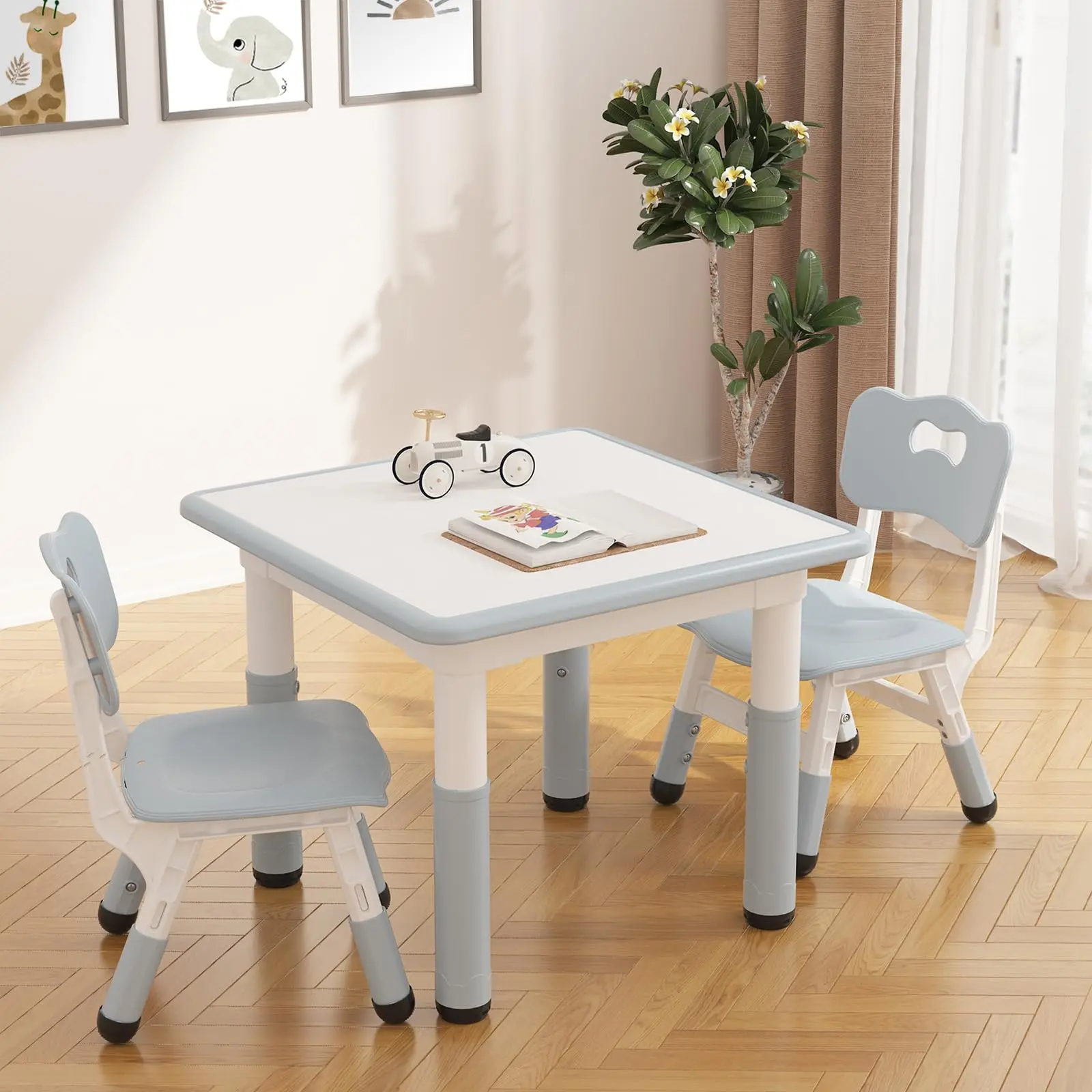 Garvee Children's Furniture Dining Table & 2 Chairs Set - Flexible Height-Adjustable, Graffiti Desktop Indoor Set for Eating, Paper Activities, Watercolor Ready