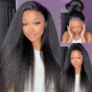 Yaki Straight Glueless Synthetic Black Wigs Pre Plucked Natural Hairline Lace Closure Wig
