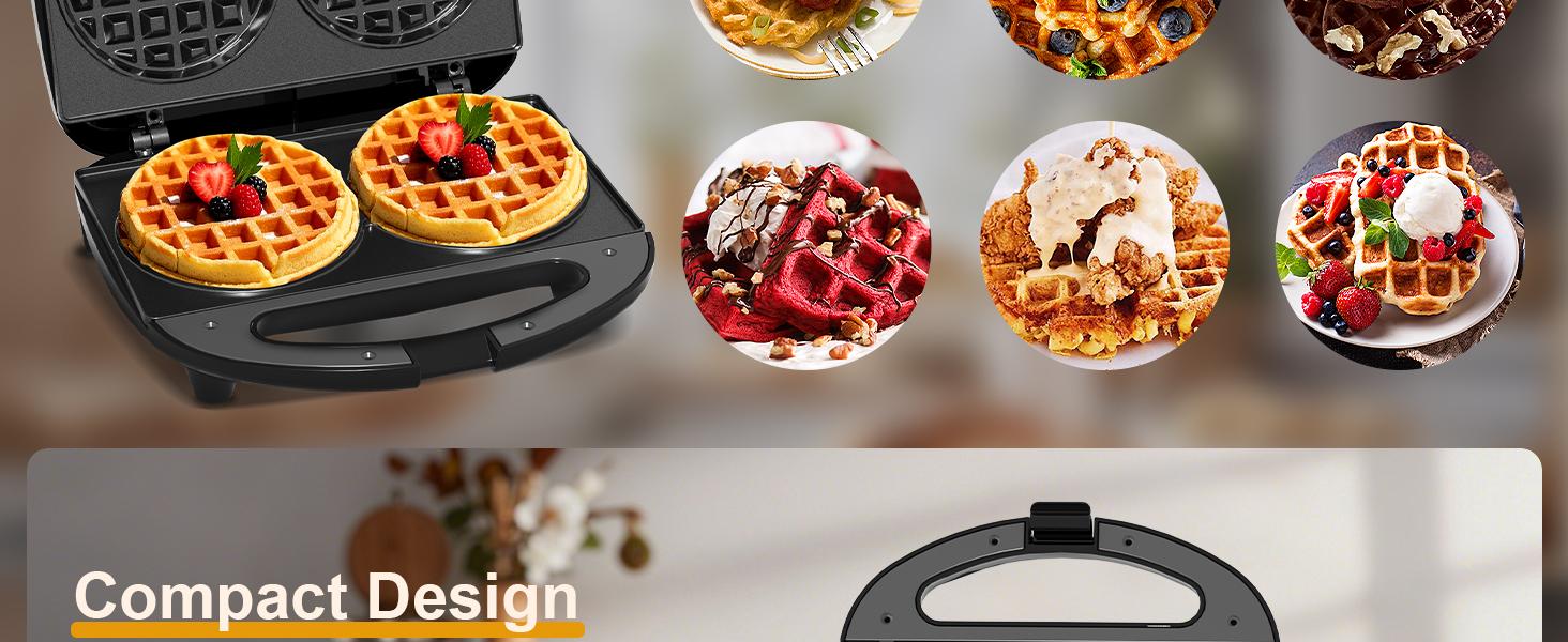 OSTBA Mini Waffle Maker 750W, Double 4-Inch Belgian Waffles Iron, Nonstick Plates, Compact Breakfast Appliance, Easy to Clean, Perfect for Kids & Family Breakfast