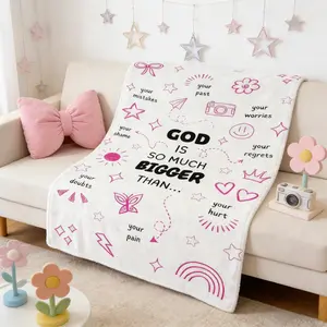 God Is Bigger Than Your Worries Christian Doodle Flannel Blanket Soft Cozy Plush Throw Perfect Inspirational Gift for Faith Based Teens Women Warm Snuggle Blanket for Bedroom Devotional Space Cute Pink Motivational Design