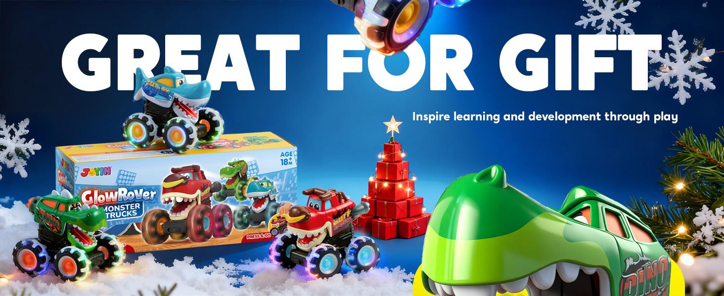 JOYIN Toys for Kids 3 Pack Monster Truck Toy, Motion Activated Light-Up Cars, Press & Go Cars for Boys Girls, Christmas Gifts for Kids Baby Toy Present Dinosaur Carrier Truck, BUMP MONSTER TRUCK SET easter gifts for kids