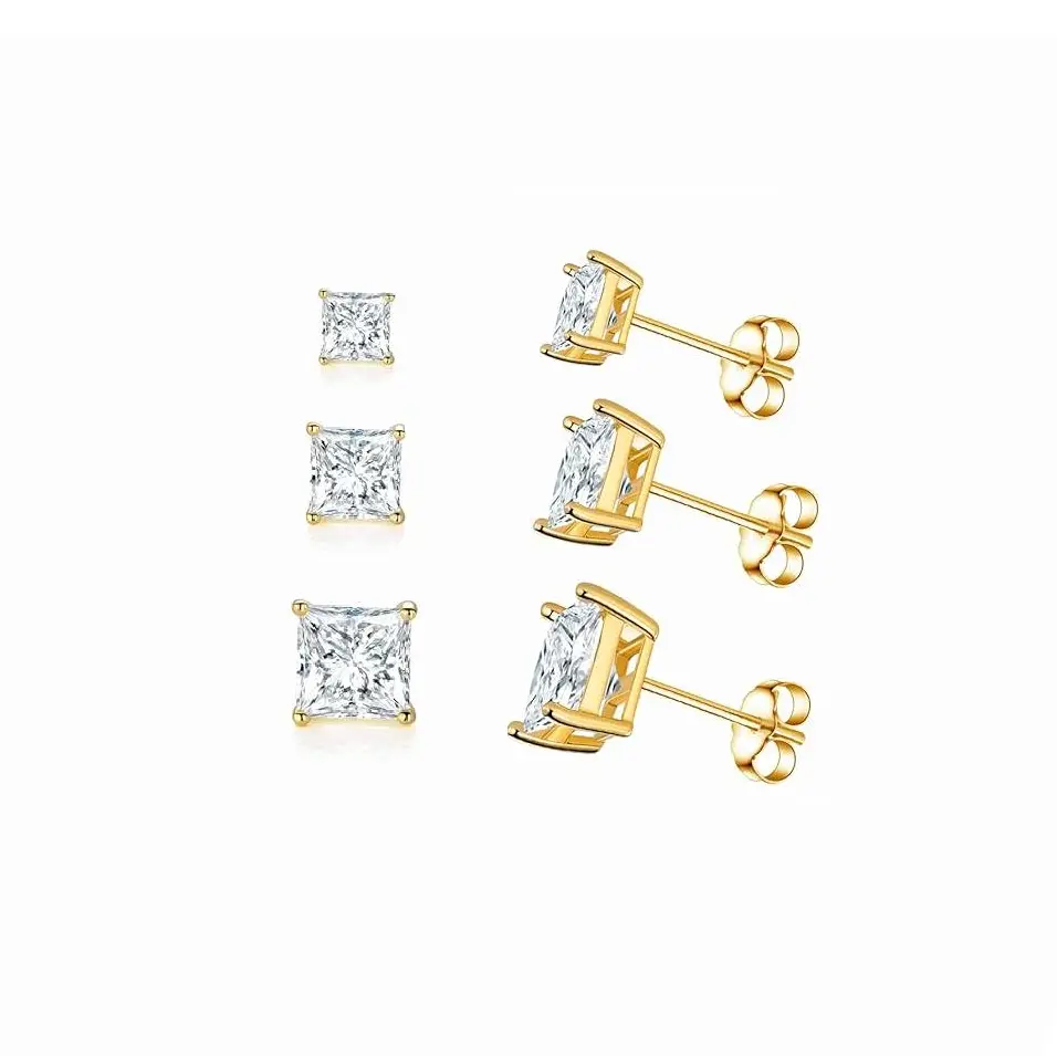3 Pairs 4,5,6mm Real Gold Plated Square Fine Stud Earring Set S925 Princess Cut Clear Cubic Zirconia Hypoallergenic Earrings Pack for Women and Men studs indian Synthetic Moissanite Solitaire Earrings Sterling Silver