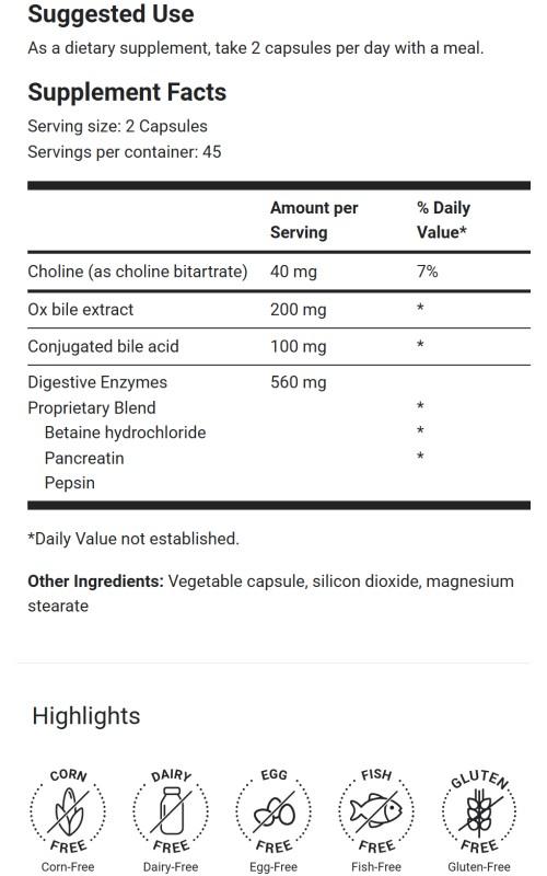 Gallbladder Formula Extra Strength with Ox Bile and Digestive Enzymes- 90 Vegetable Capsules  Dietary Supplement