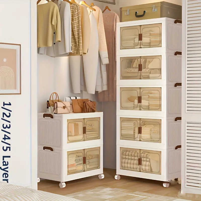 1/2/3/4/5-Layer Extra Large Storage Cabinet, Multi-Layer Foldable Storage Box with Door, Stackable Storage Cabinet for Shoes, Sundries, Books, Clothes, Home Storage Organizer for Closet, Wardrobe, Bedroom, Bathroom, Office, Kitchen