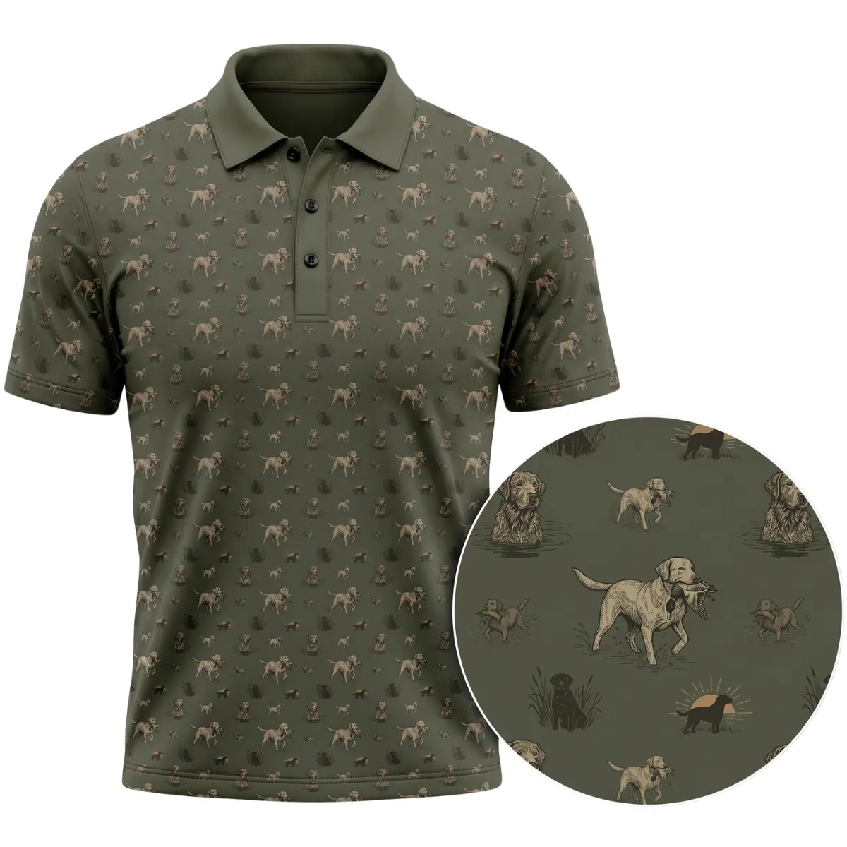 Men’s Labrador Retriever Hunting Dog Sublimation Polo Shirt - Vintage Textured Graphics, Short-Sleeve Collared Menswear, Breathable Classic Fabric, Streetwear Casual Golf Top for Dog Lovers