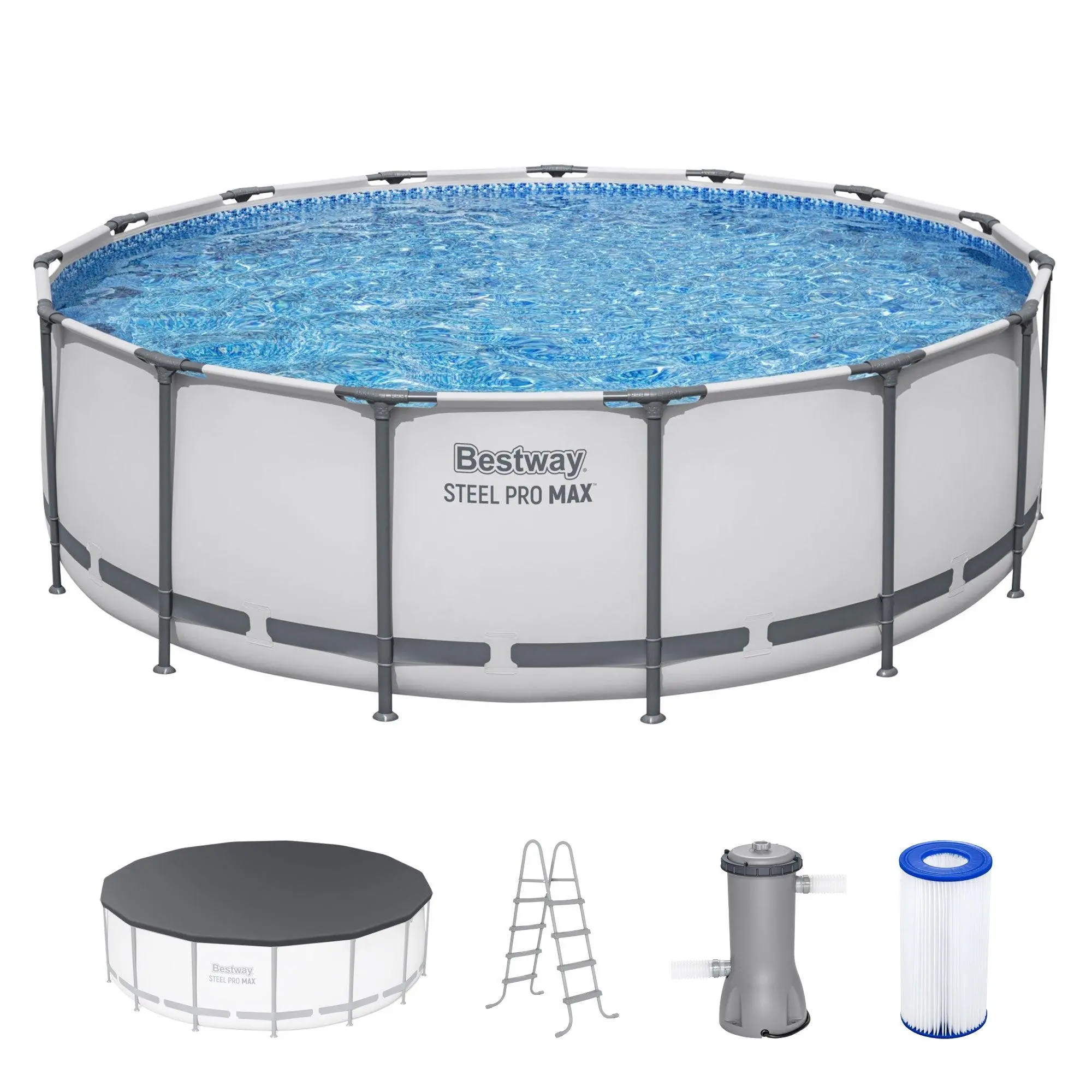 "Bestway Steel Pro MAX Round Above Ground Pool Set, Gray (15 Ft | 14 Ft | 13 Ft | Size Options) Complete Set with Filter Pump, Ladder and Cover "Bestway Steel Pro MAX Round Above Ground Pool Set, Gray (15 Ft | 14 Ft | 13 Ft | Size Options) Complete Set with Filter Pump, Ladder and Cover