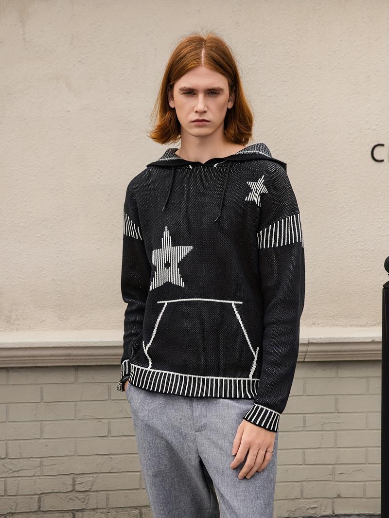 Men's Star Knit Hoodie - Black & White Hooded Sweater, Casual Street Style Fall Knitwear, Long Sleeve Pullover, Classic Menswear Top