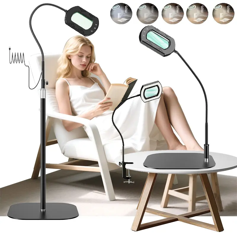 10X Rectangle Magnifying Glass with Light and Stand, Flexible Gooseneck 3-in-1 Floor Lamp, 5 Color Modes Stepless Dimmable, LED Lighted Hands Free Magnifier for Reading Crafts Painting Close Work