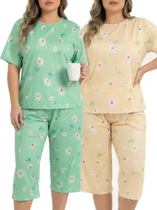 Women’s Plus Size Summer Two-Piece Pajama Set, Short Sleeve, Loose Fit, Casual, Two-Tone Design with Small Daisy Print