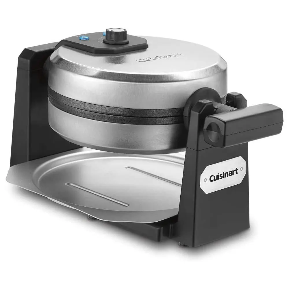 Cuisinart WAF-F10B Nonstick Belgian Round Single Waffle Iron Maker - 1000 W, 1" Deep Pockets, Rotating Bake, Even Top/Bottom, Black/Stainless, Easy to Clean, for Desserts, with Blue LED Lights, 1000 Watts