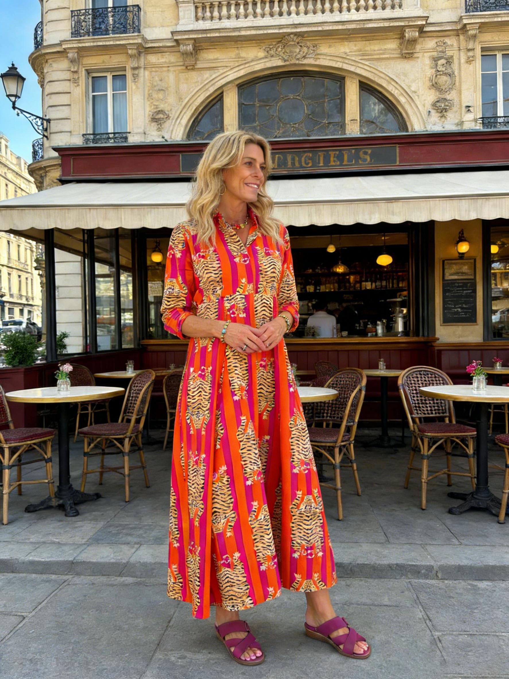 Women’s Tiger Print Long Dress Lapel Collar Three Quarter Sleeve Relaxed Fit Half Button Holiday Party Casual Maxi Dress