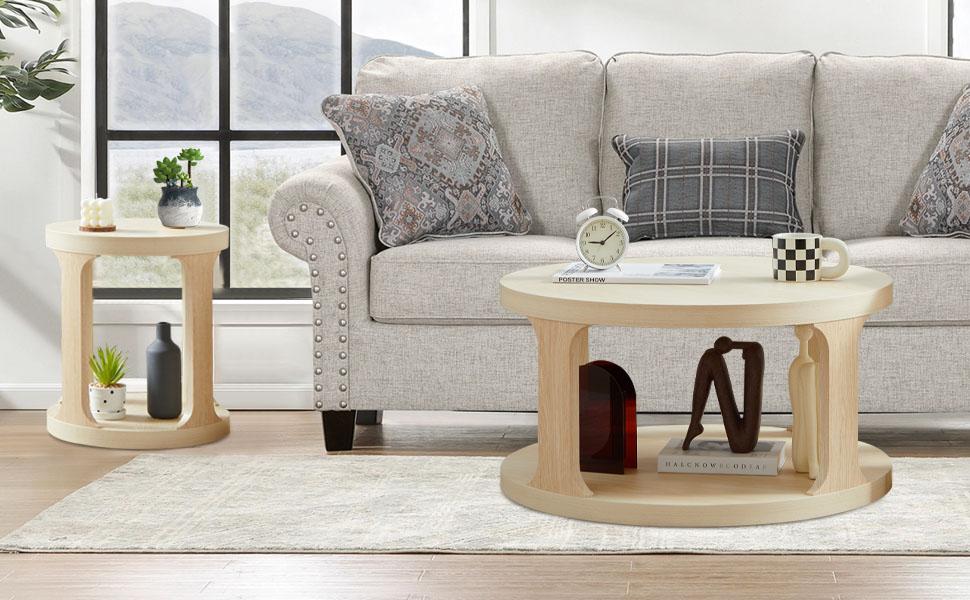 Giratree Coffee Table and End Table Set of 2, Round Coffee Table with 2-Tier Storage, Accent Side Table for Living Room Giratree Coffee Table and End Table Set of 2, Round Coffee Table with 2-Tier Storage, Accent Side Table for Living Room