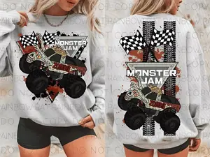Youth and Adult Zombie Monster Jam 2 Sided Sweatshirt, Monster Jam shirt, Monster Truck Racing Graphic with Checkered Flags and Tire Tracks, Monster Truck Fan Gift, Funny Shirt, Youth clothing, gift for son and daughter, summer outfit, holiday outfit