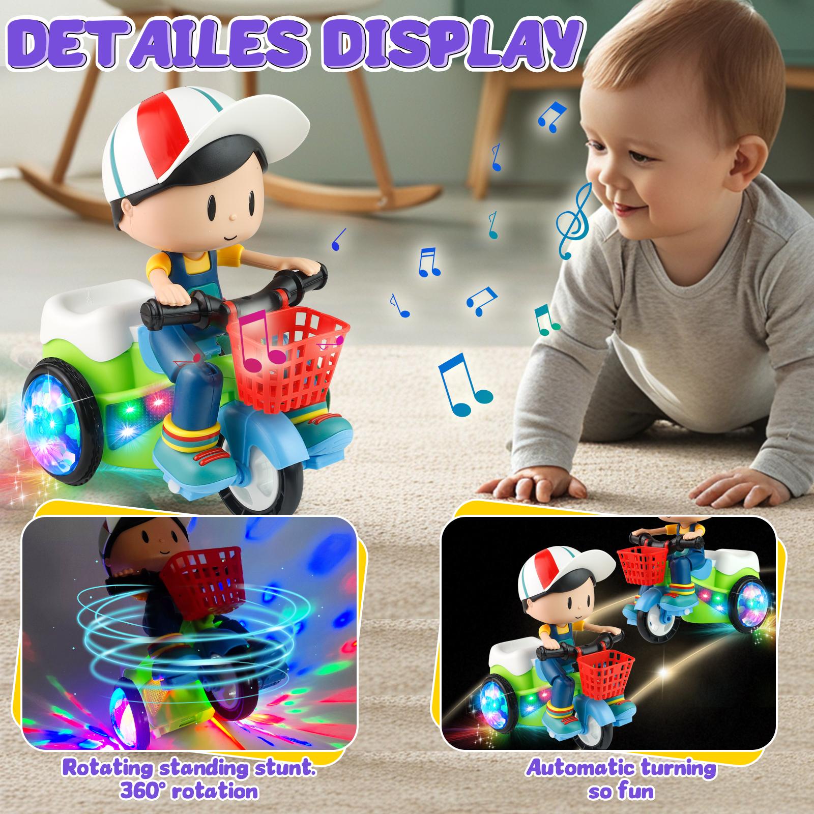 Kids Electric Stunt Bike Toy with Lights Music Wiggling Action & Obstacle Avoidance Fun Toddler Electric Tricycle for Safe Imaginative Play