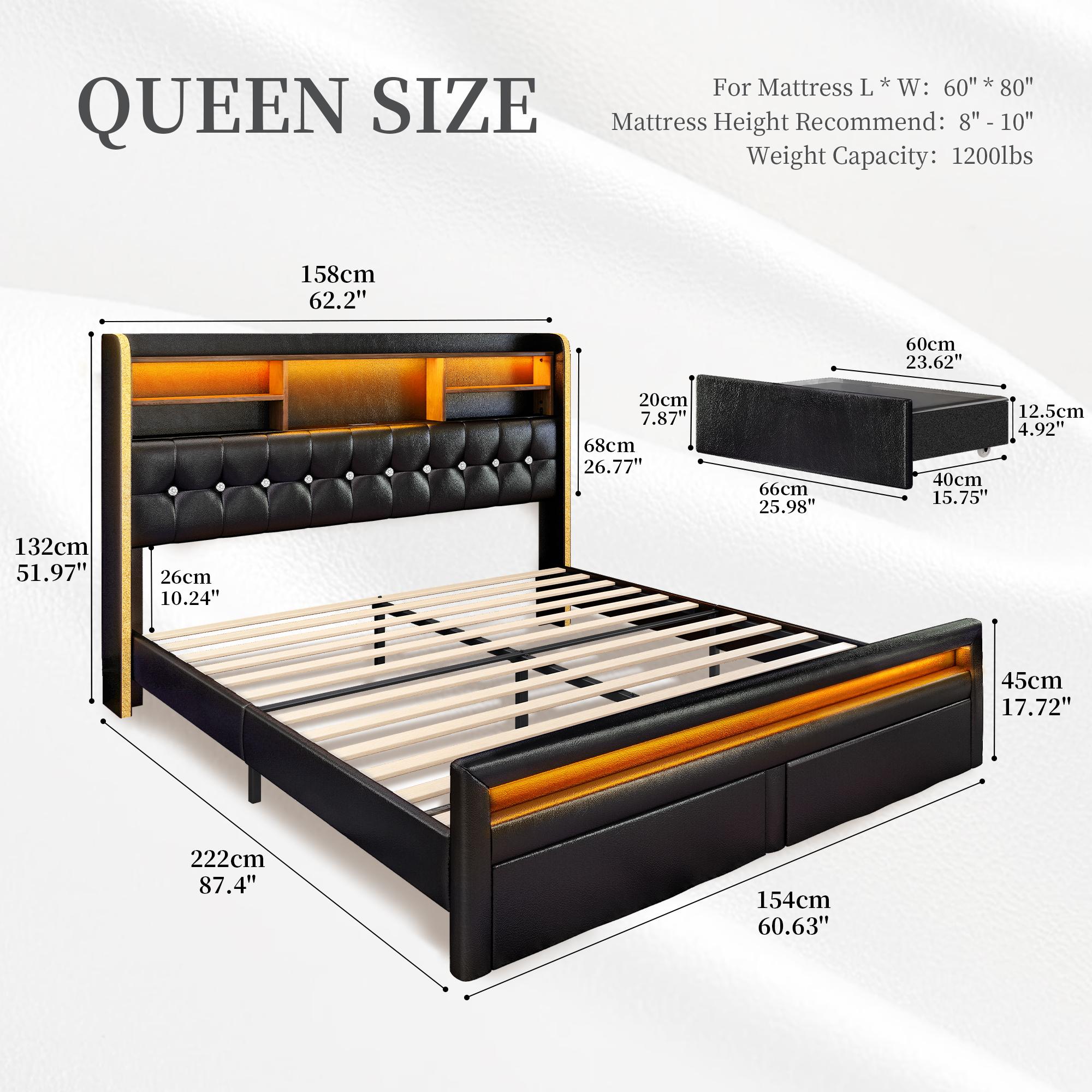 California King Bed Frame with Bookcase Storage Headboard and 2 Drawers, 52" Ultra-High LED Bedframe with Charging Station, Linen Upholstered Crystal Button Tufted Wingback Beds with Footboard,Black/White/Cream/Gray California King Bed Frame with Bookcase Storage Headboard and 2 Drawers, 52" Ultra-High LED Bedframe with Charging Station, Linen Upholstered Crystal Button Tufted Wingback Beds with Footboard,Black/White/Cream/Gray