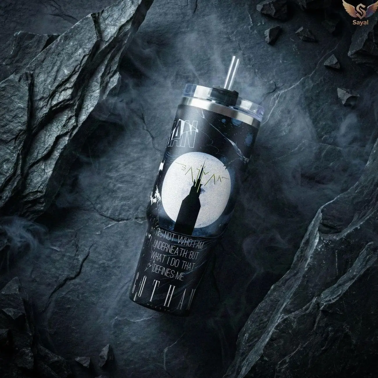 Bat Signal - Gotham Dark Knight City Quote 40oz Tumbler Design Moon Art with Vacuum Insulated Stainless Steel Cup with Comfort Handle & Leak-Proof Straw Hot Cold Beverage Container for Comic Book Fans Birthday Gift Super Hero Lovers