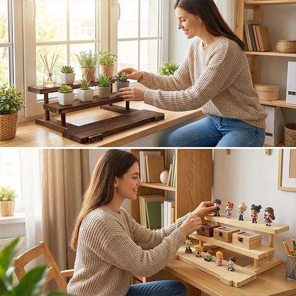 Solid Wood Shelf with Multi-layer Storage Extra-large Capacity Three-tier Design for Desk Storage Figure Display & Plant Placement Tames Your Messy Desk