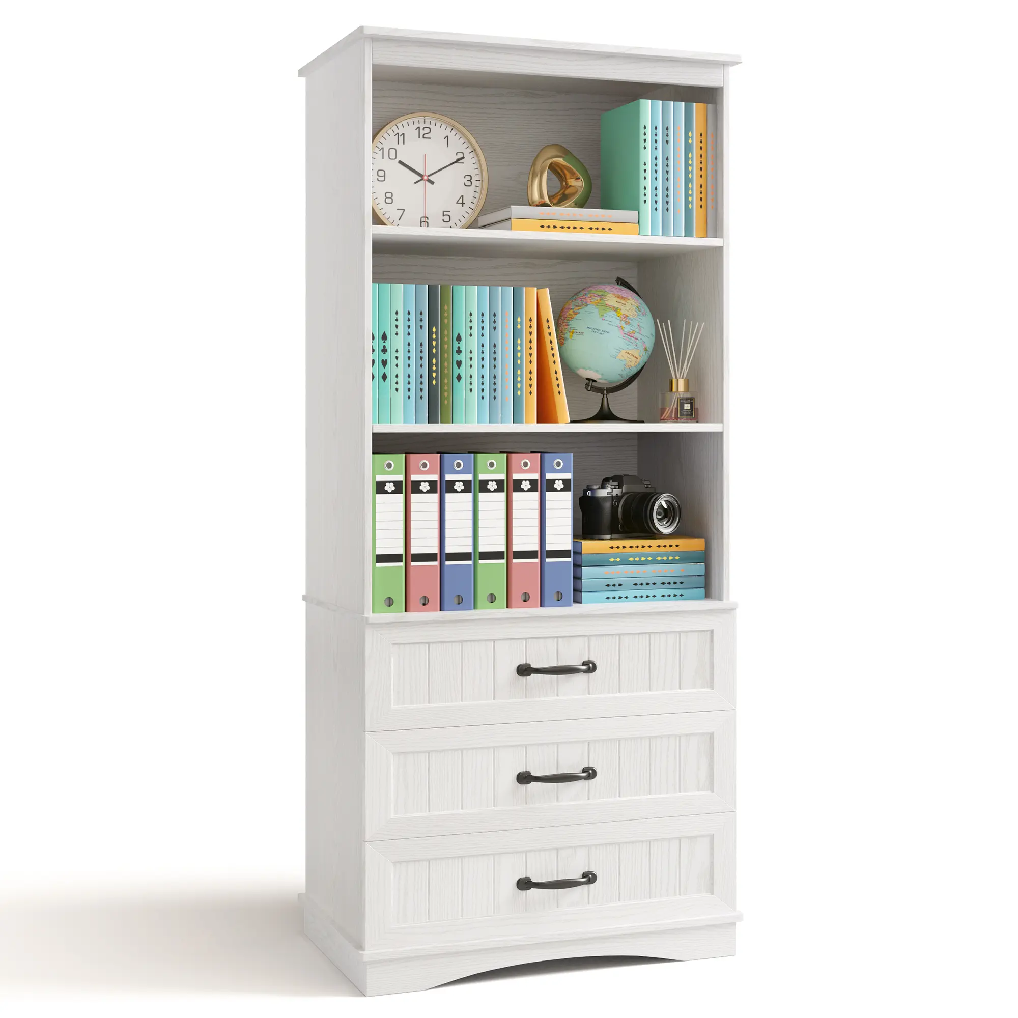 Gizoon 70'' Tall Bookcase with 3 Drawers Wooden Bookshelf with Storage Cabinet Multifunctional Book Storage Organizer for Office Living Room and Bedroom，White