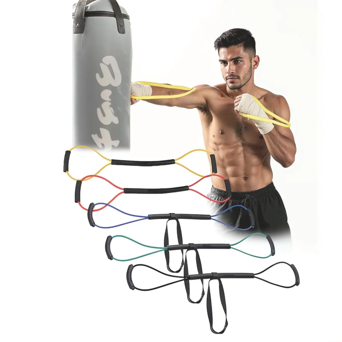 Latex Boxing Resistance Band with Chest Strap for Punching Power & Speed, Home Gym MMA Training Equipment for Men, Full Body Cardio Workout, 30lb Green, 35lb Black