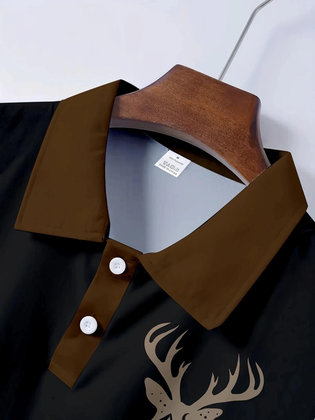 Men's Camouflage Quick Drying Shirt - Casual Outdoor Style, Deer Head Print, Short Sleeve, Button Neck, Summer Hunting and Hiking Clothing, Hiking Equipment Golf Polo Golf Apparel