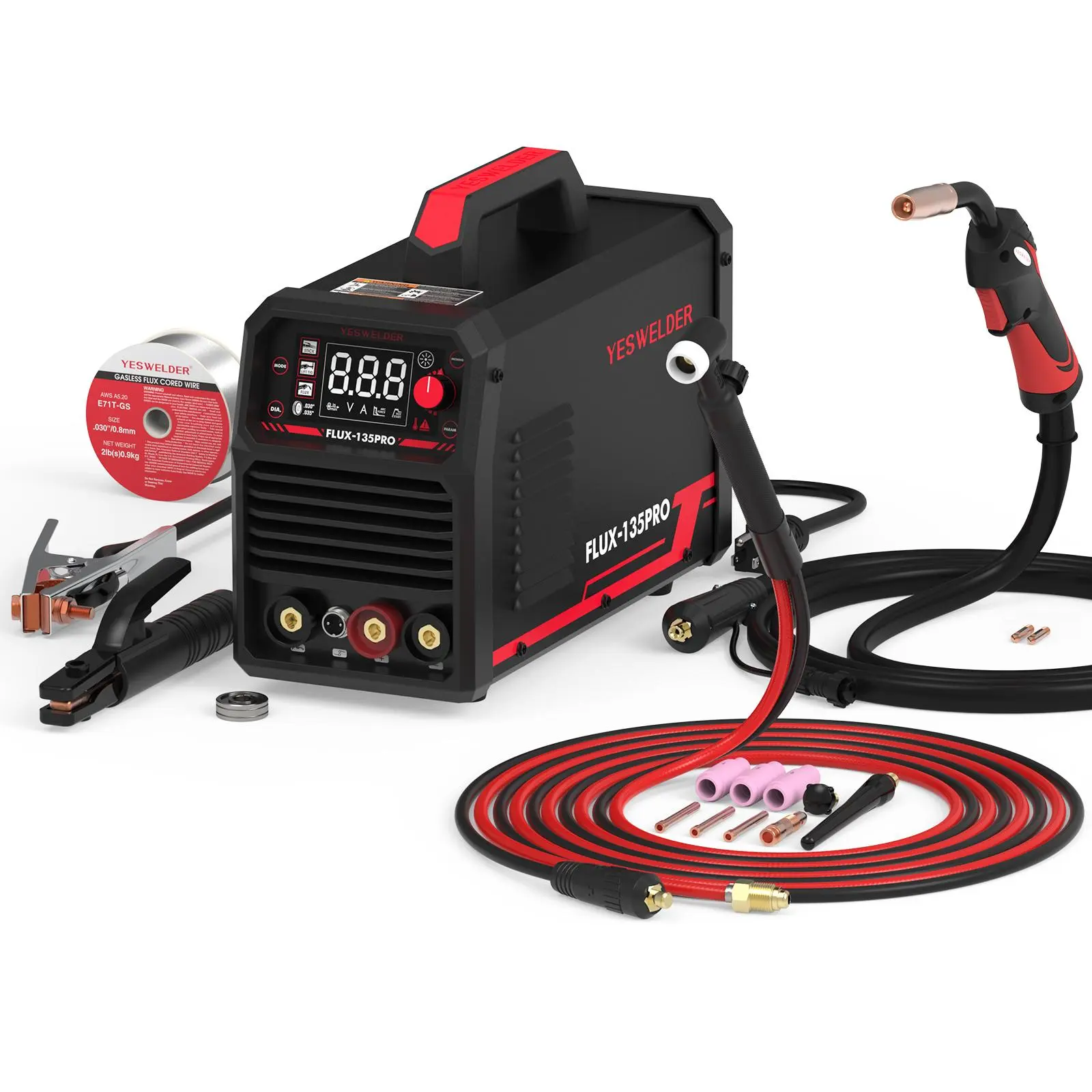 YESWELDER FLUX-135PRO 135Amp 110V Portable DC Inverter Multiprocess Welder, Gasless Flux Core MIG/Lift TIG/Stick 3-in-1 Machine with Lift TIG Torch, Digital Display IGBT Synergic Control, Portable Welding Machine, Dc Inverter Welder