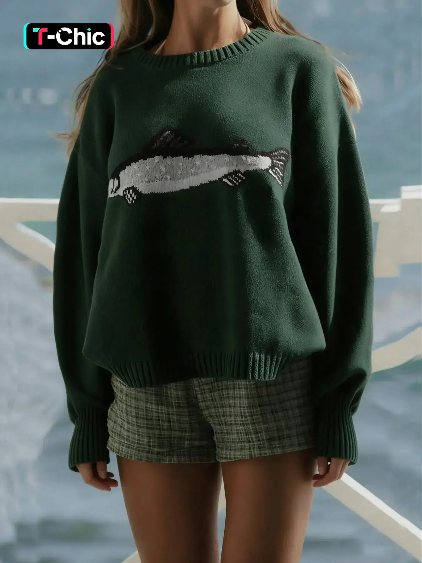 Women's Fish Shark Animal Pattern Y2K Long Sleeve Round Neck Loose Fit Vintage Casual Knitted Graphic Crewneck Sweater Pullover, Casual Everyday Spring & Fall Fashion, Moderate Fabric Thickness, Oversized Knitwear Womenswear, Fashion Knitwear Clothing