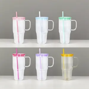 Clear Glass Tumbler with Handle and Straw