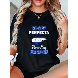 Women's "No Soy Perfecta" Honduras Pride T-Shirt - Solid Black Casual Round Neck Tee with Honduran Flag Graphic & National Pride Slogan, Comfort Fit Machine Washable Camisa Catracha Fashion, Digital Print Everyday Short Sleeve Top