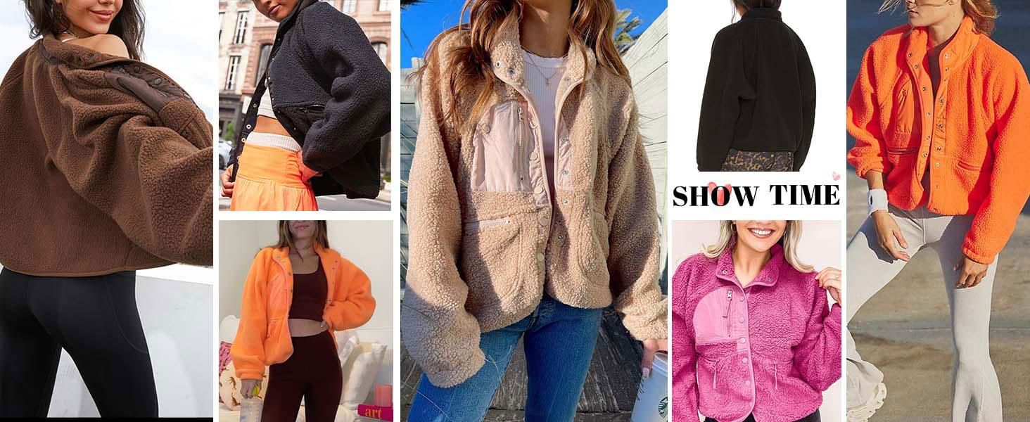 Tanming Women's  Button Down Fleece Jacket Fuzzy Sherpa Patchwork Bomber Jackets Shacket Teddy Coat Outerwear