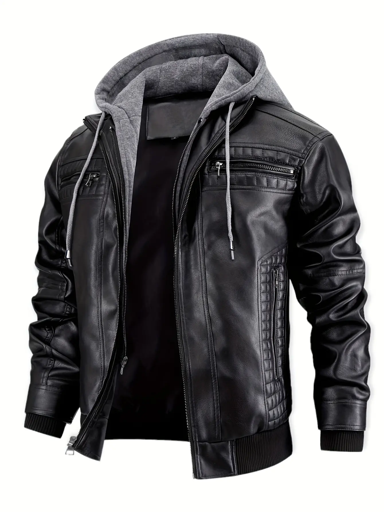Men's Vintage Biker Bomber Jacket - Black Hooded Tops with Adjustable Drawstring, Multiple Zipper Pockets, Studded Details, Quilted Lining - Ideal for Cold Weather Winter Casual Streetwear Grad Parties, Jackets, Fabric, Party
