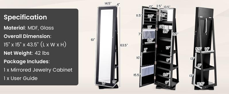 COSTWAY 360° Swivel Jewelry Armoire with Full Length Mirror, Standing Lockable Jewelry Cabinet Organizer, Large Storage Capacity, Inside Makeup Mirror, Back Storage Shelves -costst