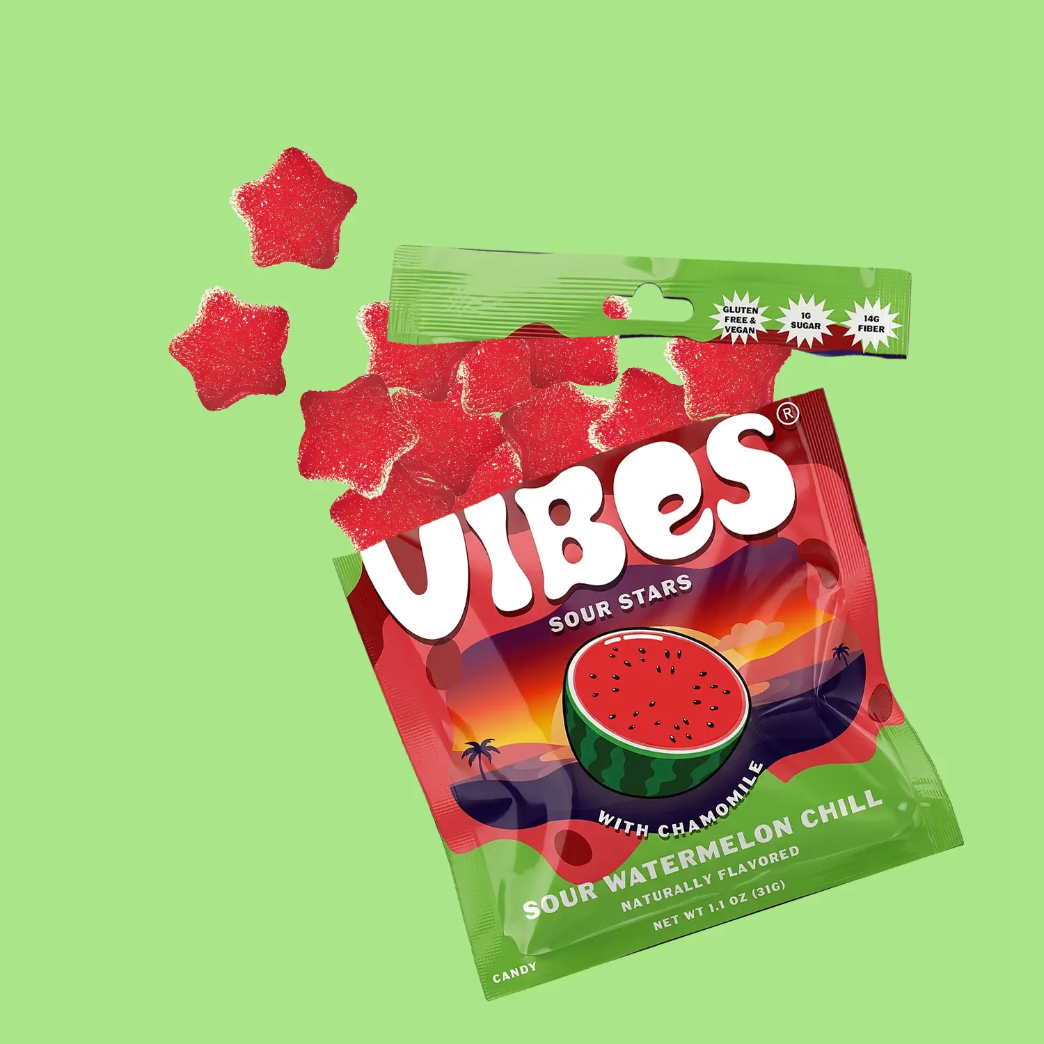 Vibes Candy Sour Watermelon Chill Fruity Stars 6-Pack Gummy Candies - Vegan, Gluten-Free, Dairy-Free, Low Sugar, High Fiber, Organic Chamomile-Infused Glycerin-Based Office & Party Snacks, Sweet Sour Chewy Treat