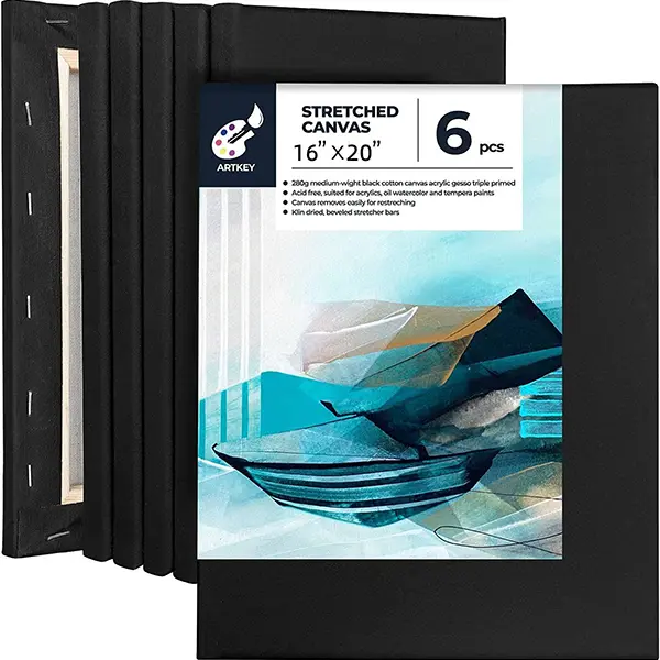 Artkey Black Canvas, 16x20 Inch 6-Pack Stretched Canvases for Painting, 10 oz Triple Primed Acid-Free 100% Cotton Black Canvas for Painting, Paint Canvas for Acrylics Pouring Oil Watercolor Paints