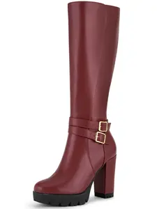 BLISSFUL STEP Round Toe Platform Chunky Heels Knee High Boots for Women
