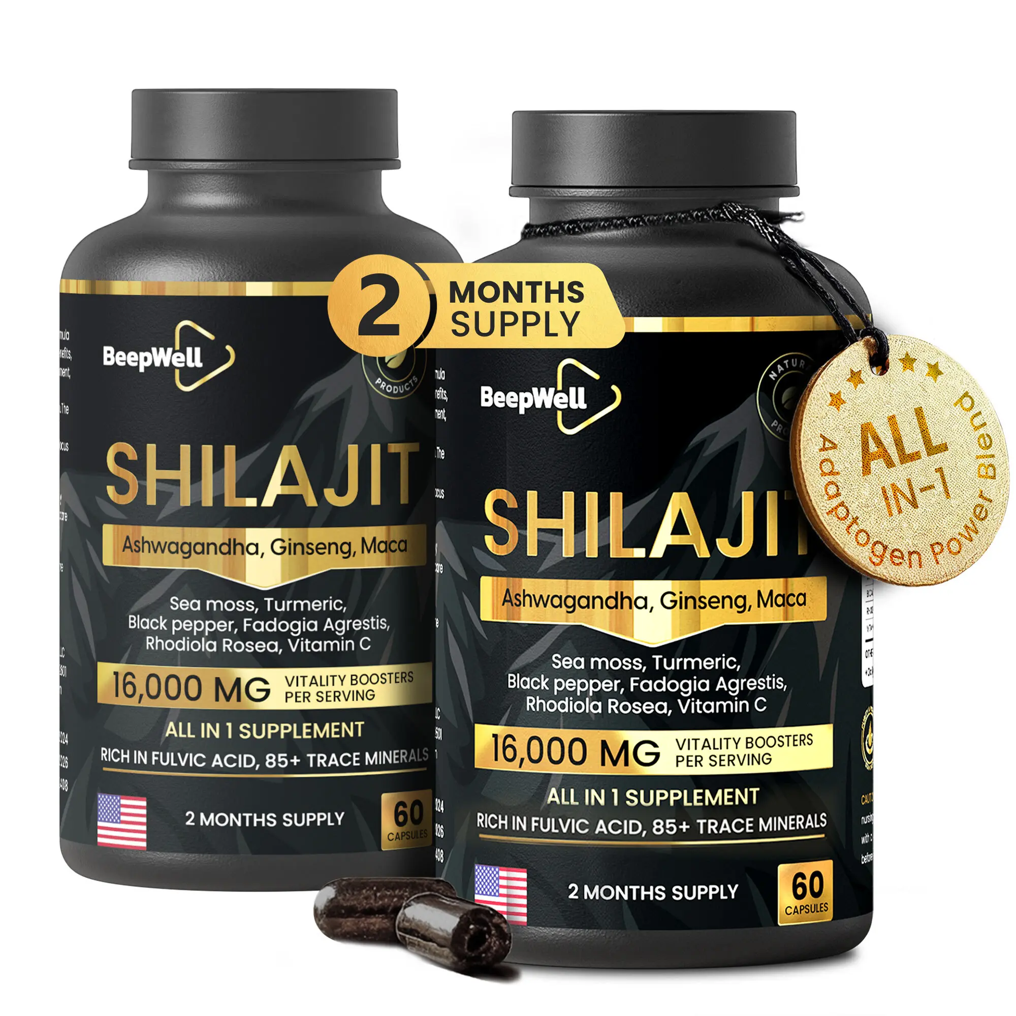 BeepWell Shilajit Capsules (Pack of 2/Pack of 3)– 16,000mg Vitality Boosters with Adaptogens, Ginseng, Maca Complex | 60 Capsules for Energy & Wellness Natural Healthcare Dietary Gold Supplement Fitness Edible Himalaya Viral Vitamin