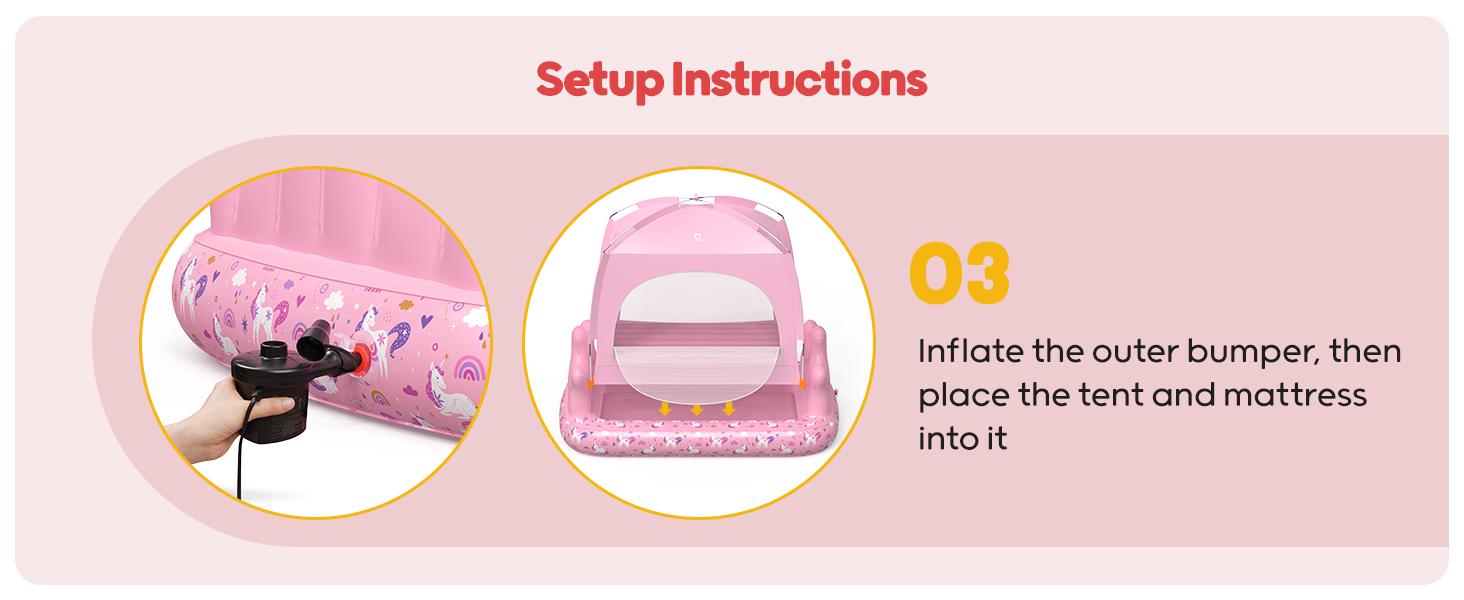 QPAU Princess Inflatable Toddler Bed with Tent, Blow Up Toddler Travel Bed with Sides, Portable Kids Air Mattress for Girls, Ideal for Home, Grandma’s, Camping & Sleepovers – Includes Electric Pump