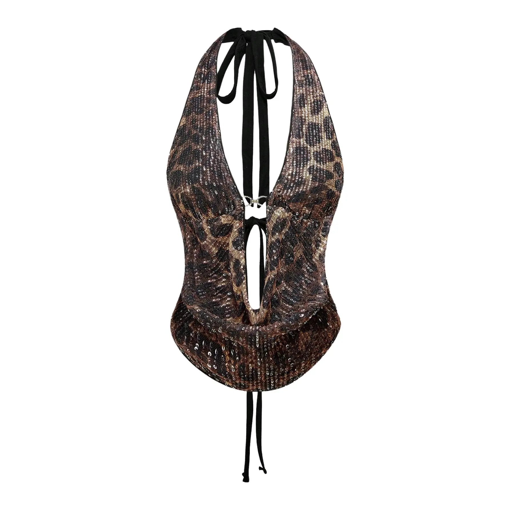 Women's Leopard Print Halter Top, Sleeveless Chic Going Out Top in Stretchy Fabric for a Night Out, Concert Clothing, Animal, Night Out Top