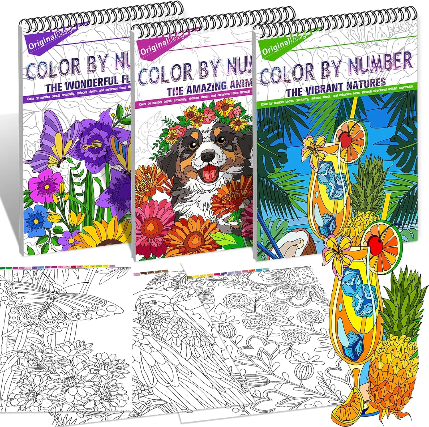 Color by Numbers Adult Coloring Books, 3Pcs Color by Number Coloring Books for Adult Relaxation, Anxiety Relief Mindfulness Gifts, Brain Activity Game for Adults (Flowers & Natures & Animals)