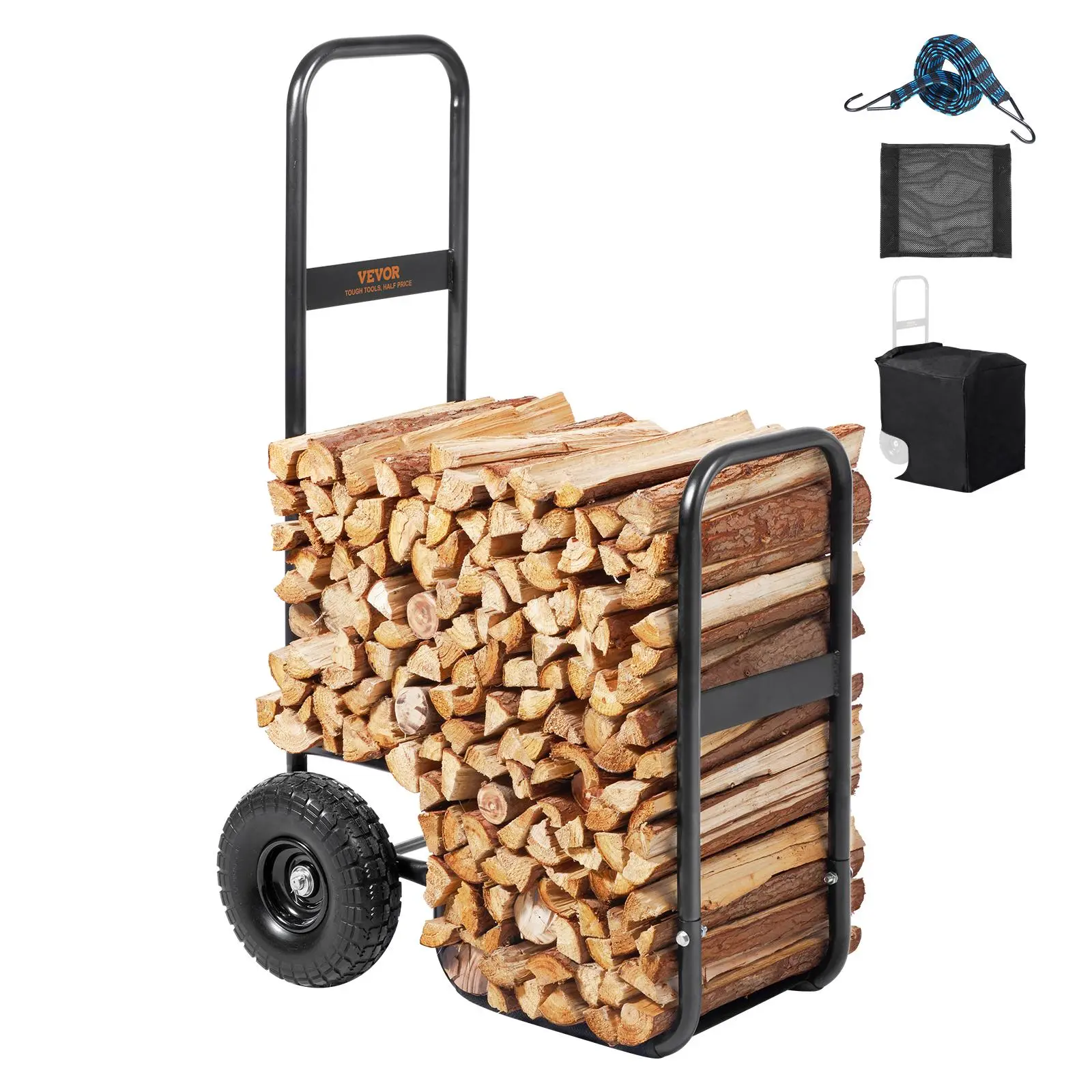 【SummerFinds】VEVOR Rust-Resist Steel Firewood Log Cart, 250 lbs Capacity Heavy Duty Dolly Hauler with Elevated Guardrail, PU Wheels Roll (Grass & Concrete Ok), Waterproof Cloth, for Fireplace, Charcoal Transport, Black