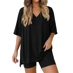 Women's 2 Piece Lounge Set Oversized V Neck Short Sleeve T-Shirt and High Waisted Biker Shorts Outfits Summer Tracksuit