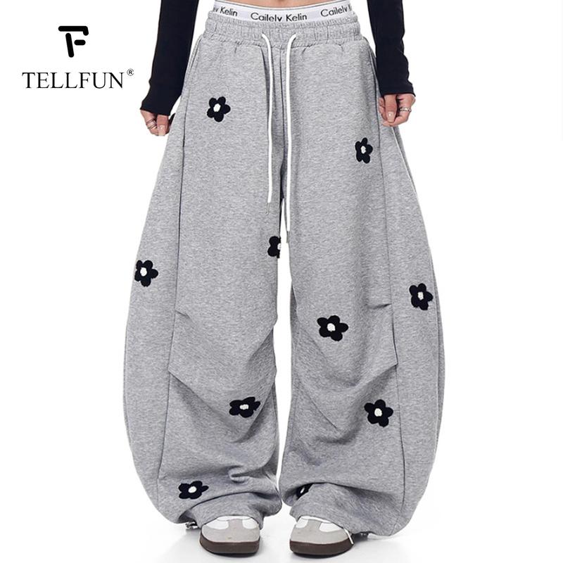 TELLFUN 2026 Unisex Floral Embroidery Baggy Barrel Sweatpants Elastic Waist Drawstring Casual Y2K Streetwear Loose Fit Vintage Joggers