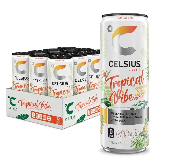 CELSIUS Sparkling Tropical Vibe, Functional Essential Energy Drink 12 Fl Oz (Pack of 12)