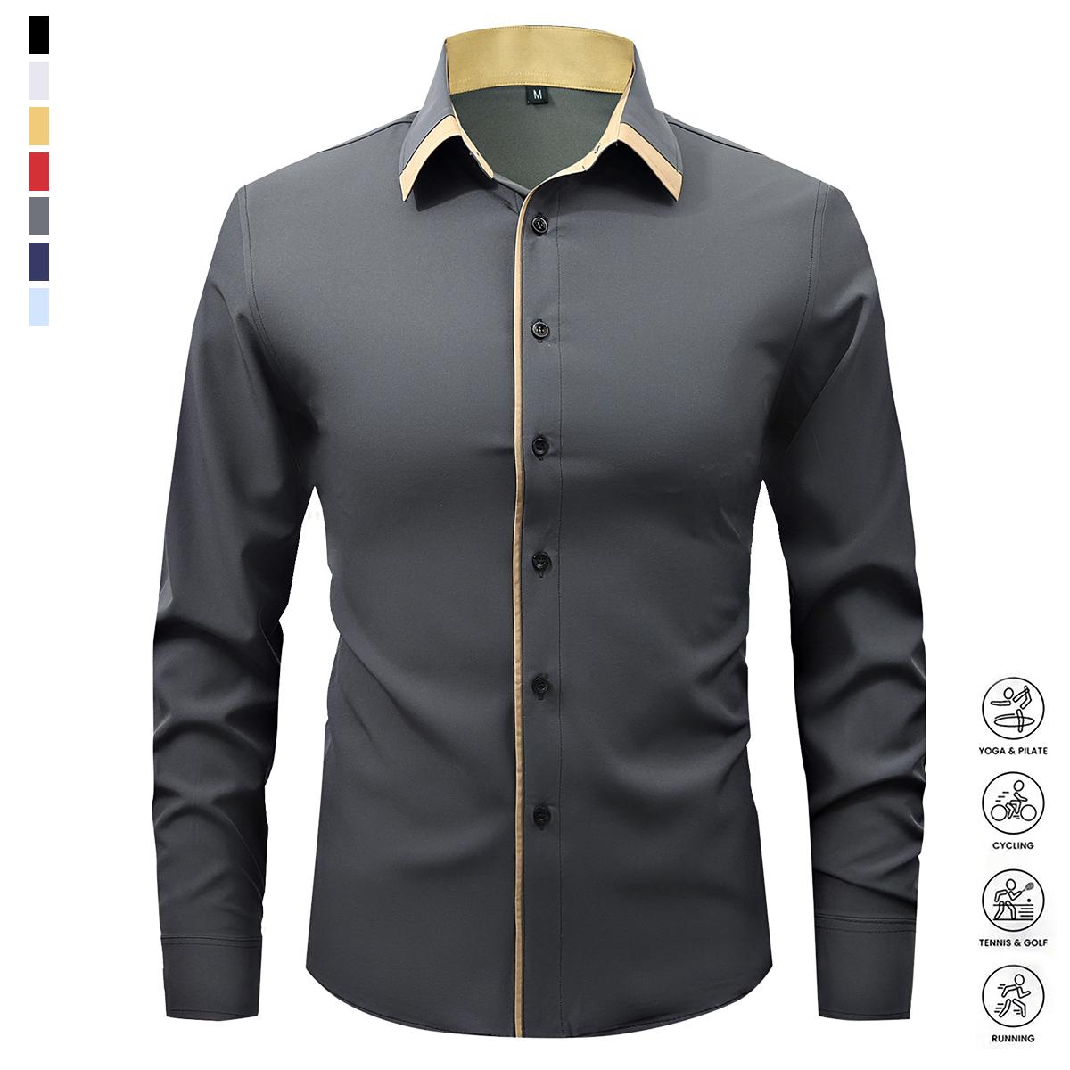 Men's Fashion Spring and Autumn Dress Light Business Long Sleeve Shirt Classic Double-breasted Elastic Contrasting Color Comfortable Breathable Sweat Top Men's Clothing