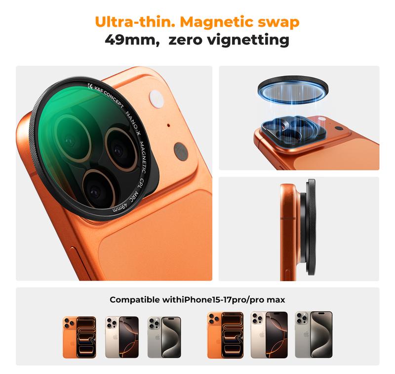 [K&F CONCEPT] Magnetic CPL Lens Filter for iPhone 17 16 15 14 13 12 11 Pro/ProMax，Samsung and Other Smart Phone，Ultra Tiny Snap On Filter, convenience，Anti-Glare & Enhances Texture.uts the glare, reveals true texture