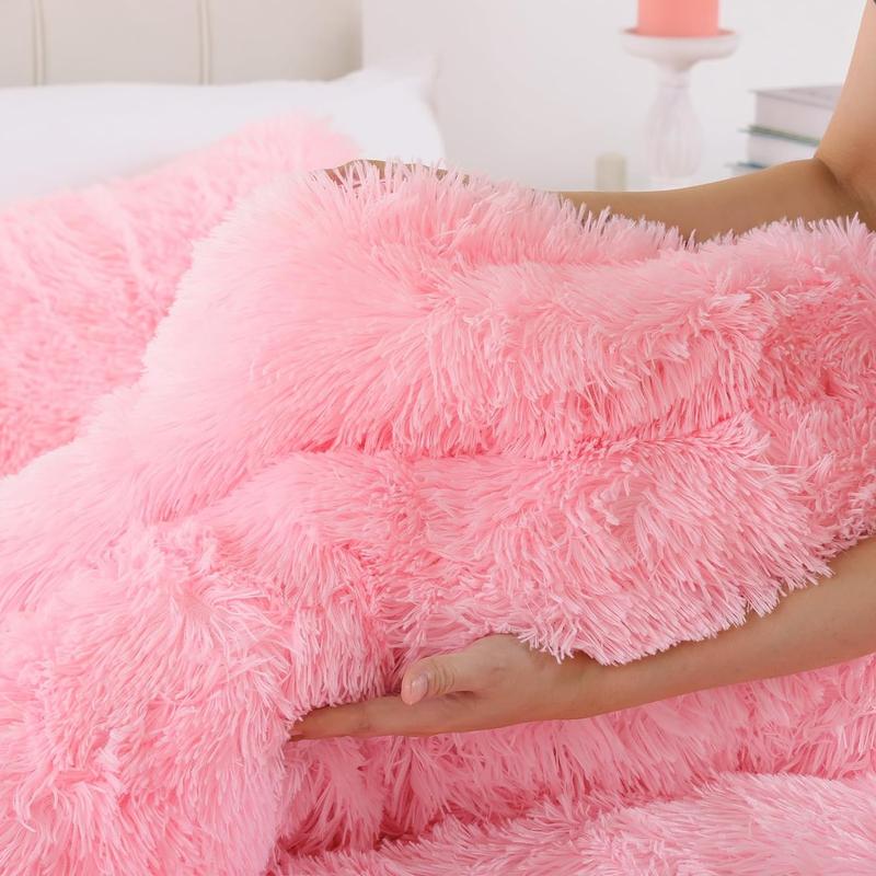 Smoofy 3-Piece Plush Faux Fur Pink Comforter Set - Queen Size Fluffy, Double-Sided Shaggy Velvet Bedding with Comforter & 2 Pillowcases