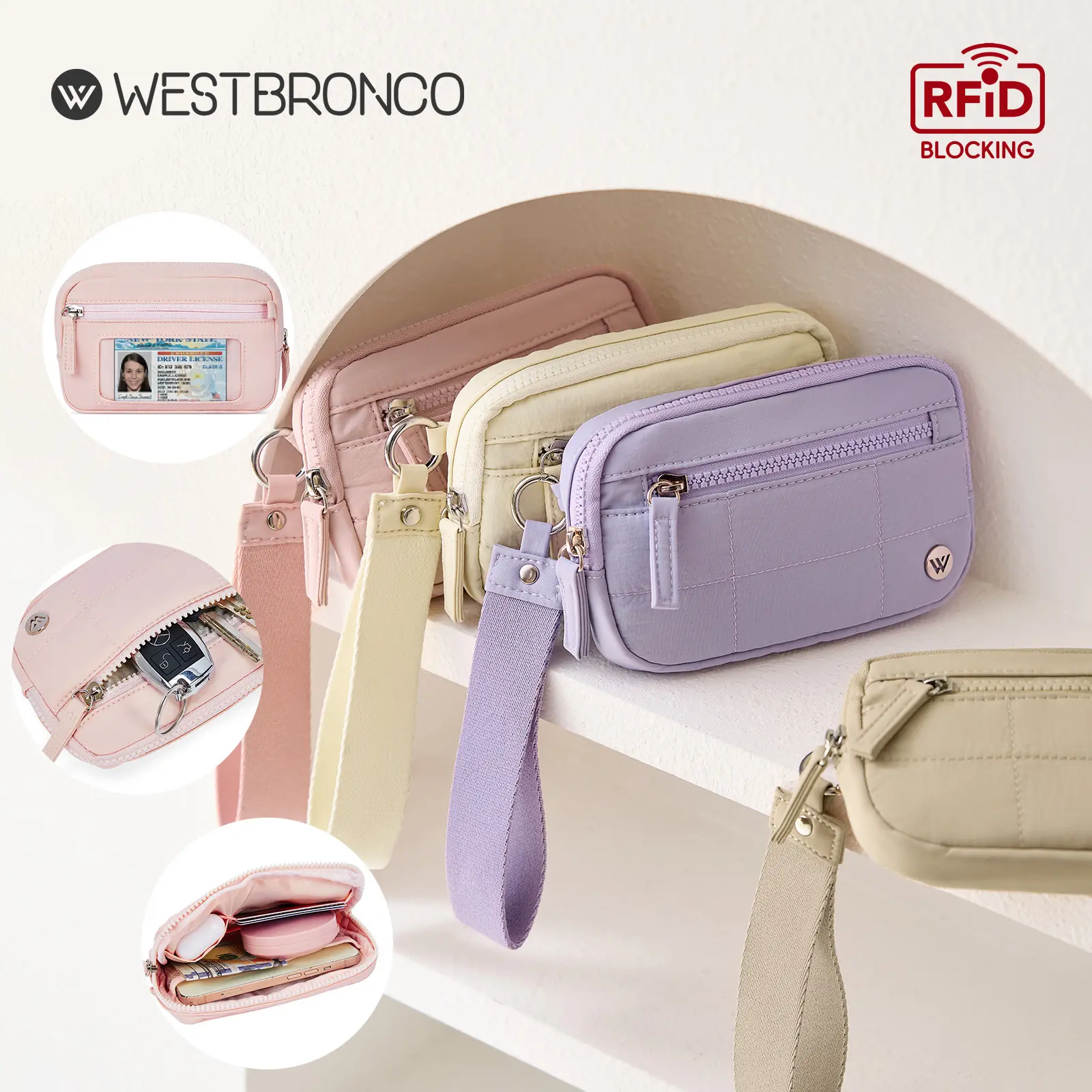 WESTBRONCO RFID-Blocking Puffer Wristlet Bag Set for Women, Eco-Friendly Wallet with ID Pocket, Compact Card Holder Phone Pouch, Mini Useful Gifts Mom Stuff for Daily Use (Summer Sale, Back to School), Zipper Coin Purse,back to school,back to school haul