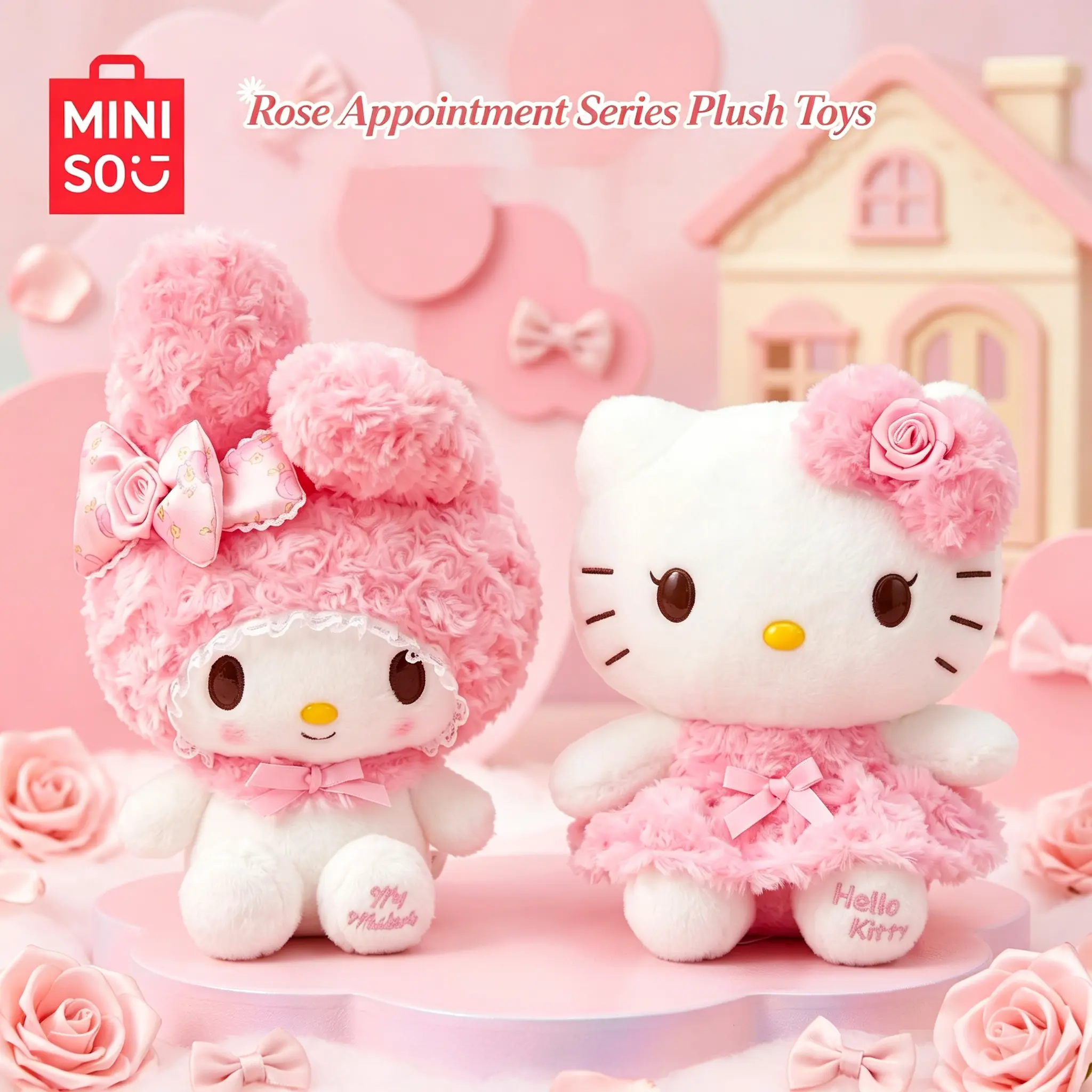 [Back to school]MINISO Melody & Hello Kitty Rose Date Plush Doll. Exquisite Design, Soft Plush Material, Lovely Appearance. Perfect Home Decor and Heartwarming Present for Girls and SR Fans