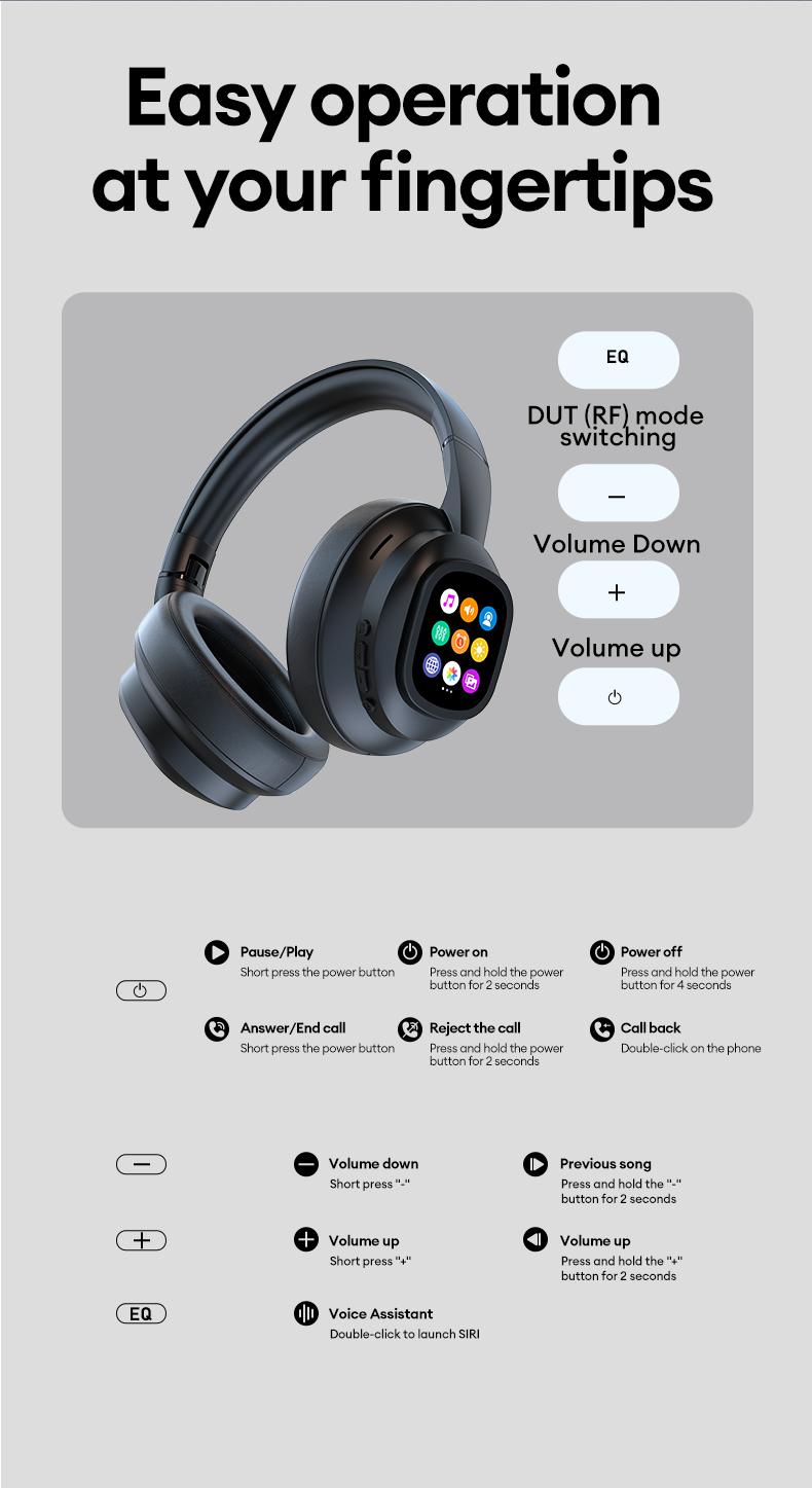 HYUNDAI X1 Pro Wireless Headphones with Detachable Full Color LCD Touch Screen Support 169 Languages Bluetooth Translation Function AI Assistant & Smart Chat